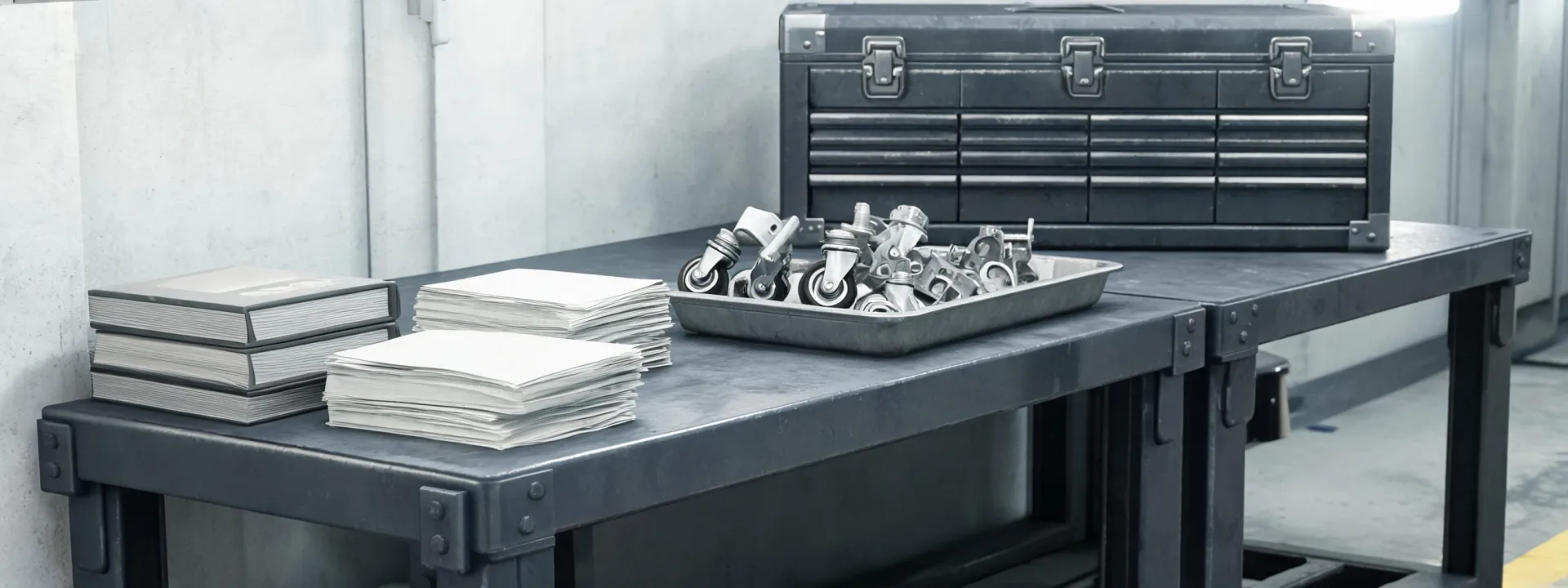 Knaack manuals and service records on a tool storage bench